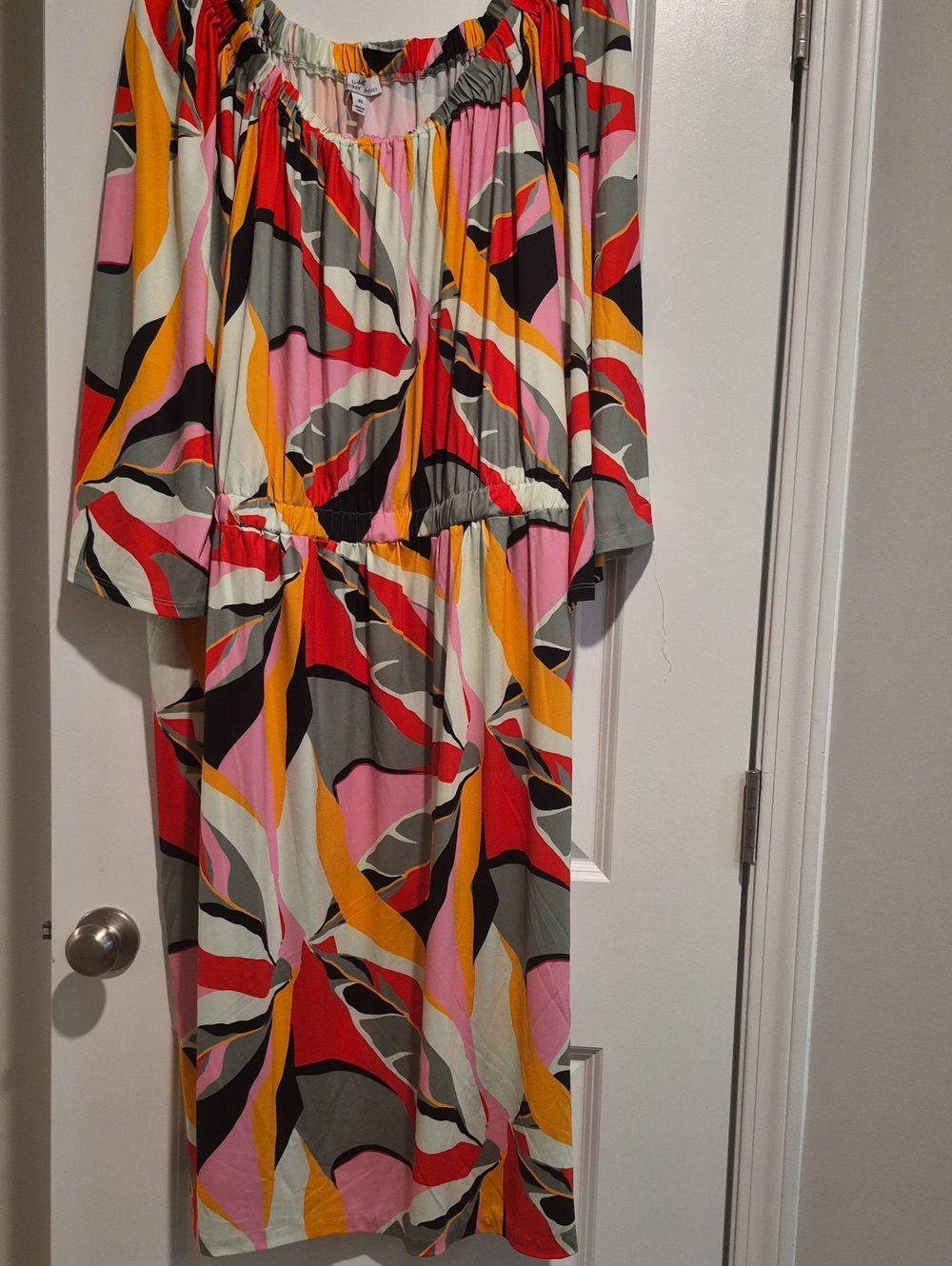 Shavonne Dorsey Multicolor Abstract Midi Dress (pink, red, yellow, green, black)